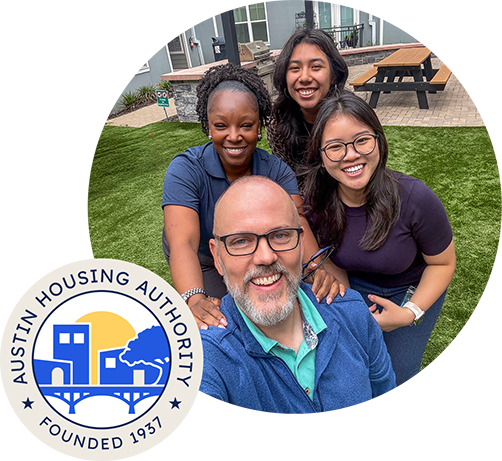 Photo of Austin Housing Authority employees posing for a selfie.